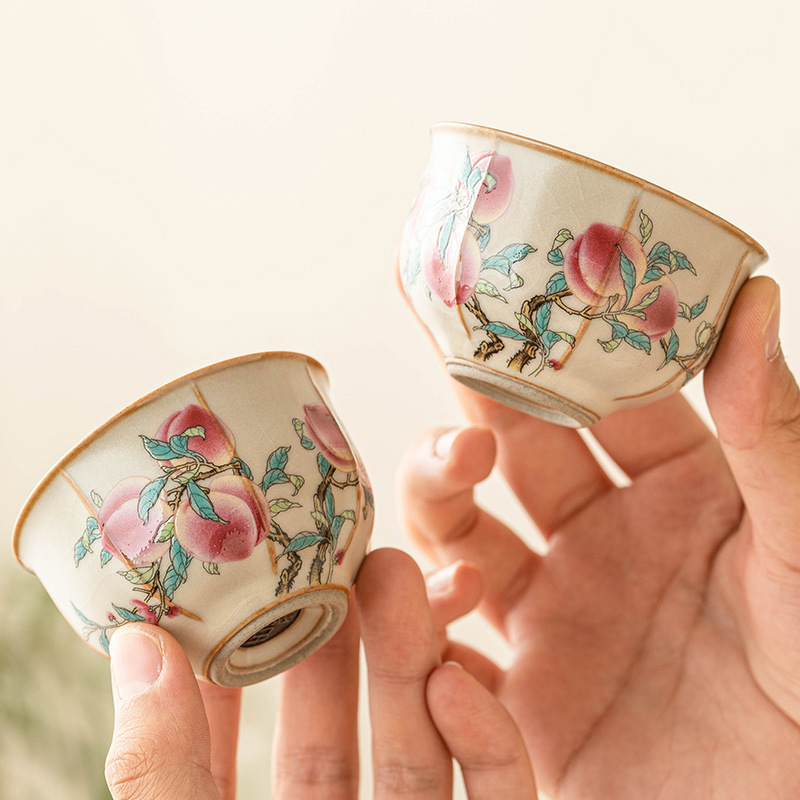 Cốc trà chín đào hoa hồng Ru Kiln cốc đơn dụng cụ trà gốm sứ cao cấp cốc trà uống trà gia dụng kiểu Trung Quốc cốc Kung Fu khách nhỏ
