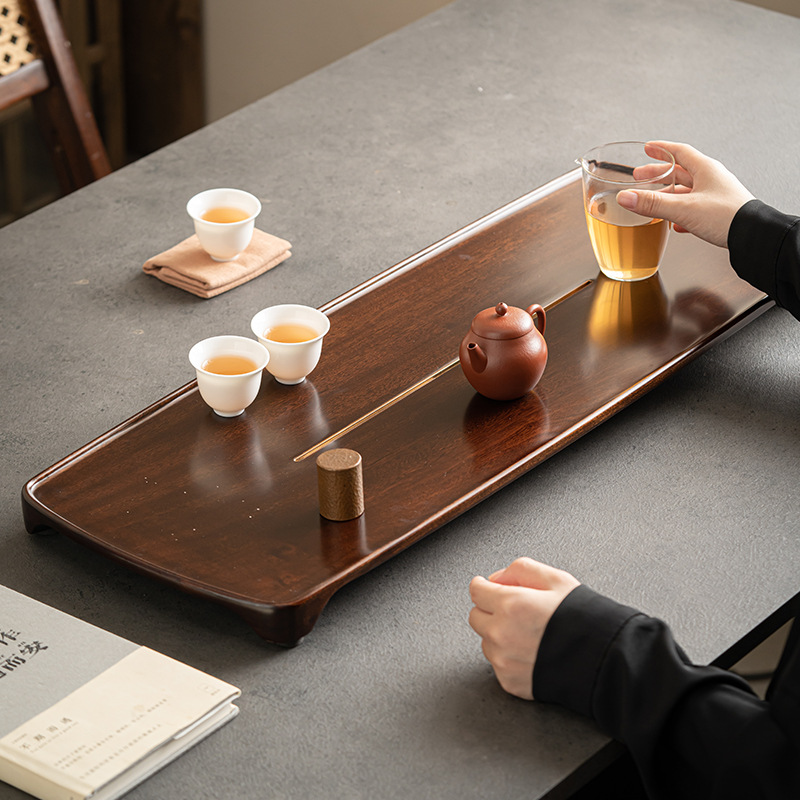 Khay trà gỗ nguyên khối cắt nguyên khối gỗ mun Khay trà loại lớn thoát nước loại nhỏ gia dụng khay trà hình chữ nhật Biển Trà