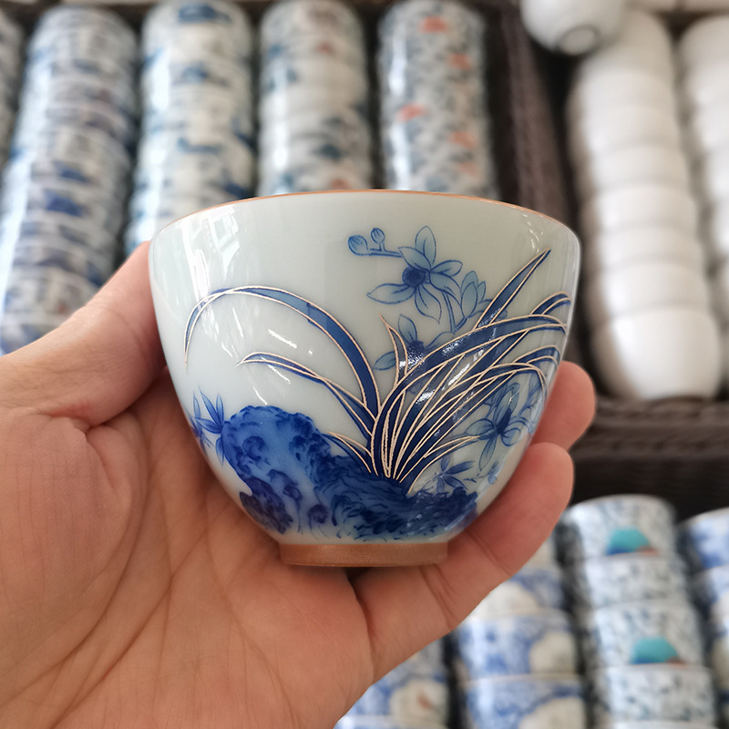 Tách trà men ngọc cao cấp họa tiết lan, chất liệu sứ Cảnh Đức Trấn, hình trái tim gà, bộ ấm chén Kung Fu, tách trà đơn