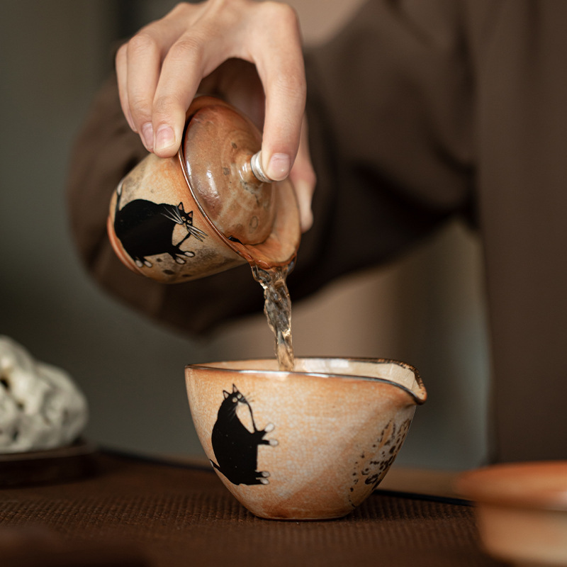 Zhiye Cat Tingtao Nắp bát thay đổi thứ hai Nắp bát sứ Retro gốm sứ pha trà chén trà Giả Gỗ Thủ Công Bạc vẽ tay