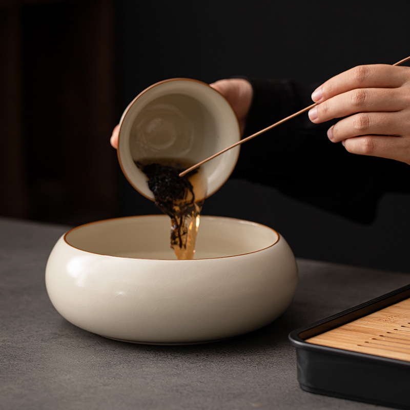 Gạt trà tròn màu be Ru Kiln Gạt trà dung tích lớn Gạt nước thải đựng bát trà lớn Gạt trà cốc đựng trà gia dụng Gạt trà