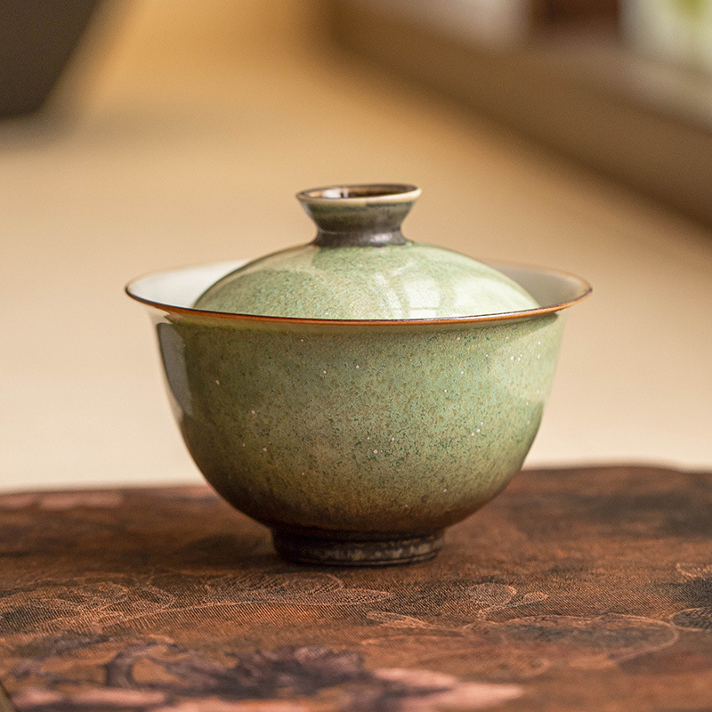 Bát pha trà gốm sứ lò nung, bầu trời đầy sao xanh, bát có nắp đậy, cốc trà, bộ trà kung fu cổ điển làm bằng tay, đơn không nóng