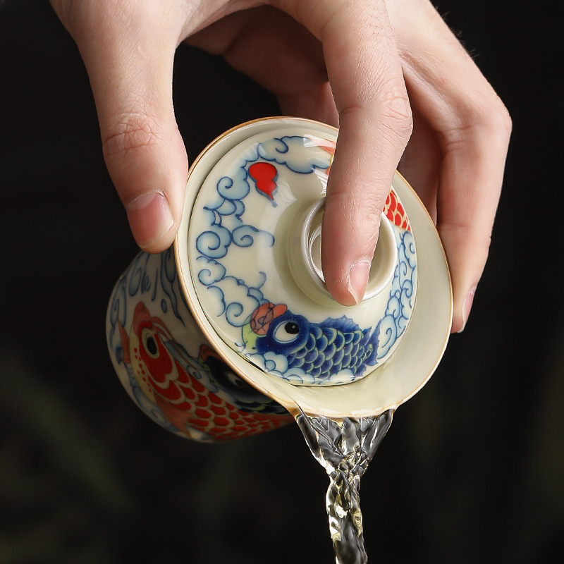 Bộ cốc trà ba nắp cá rồng móng ngựa bộ bát trà không nóng chuyên dụng cá nhân bộ trà cao cấp bộ ba món