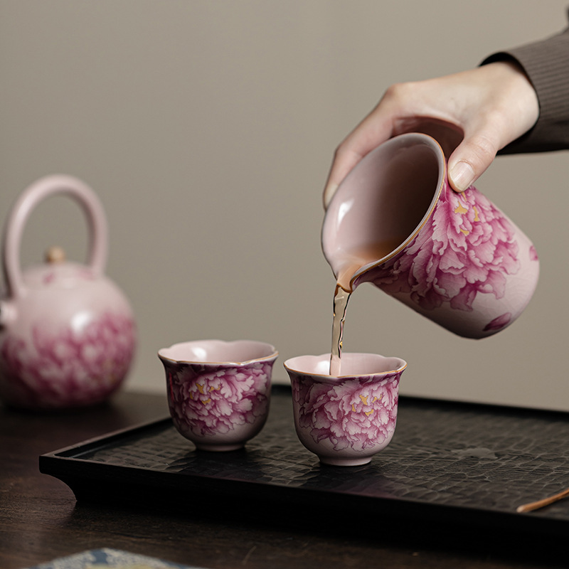 Cốc trà hoa mẫu đơn màu hồng Ru Kiln dành cho nữ gốm sứ biển dụng cụ pha trà kungfu dụng cụ pha trà dung tích lớn