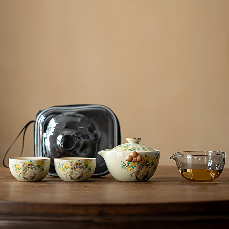 Cốc khách nhanh bằng gốm Sứ Ruyao màu be, một ấm hai cốc, Bộ trà du lịch ngoài trời có thể mở ra, Bộ Trà Di động