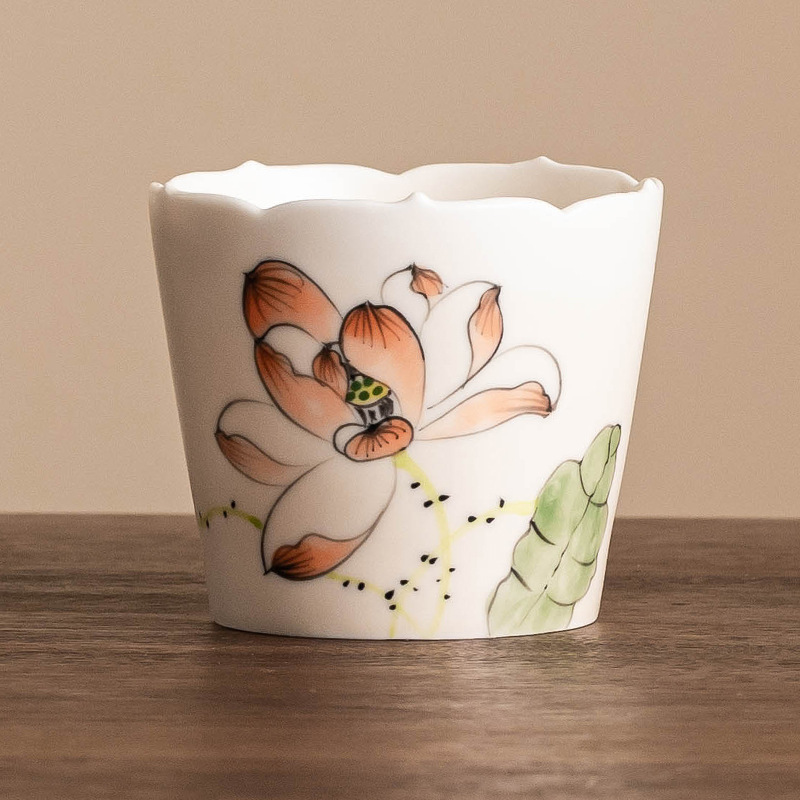 Cốc chủ nhân cao cấp, cốc miệng hoa sen ống xiên vẽ tay, cốc trà Kung Fu, cốc trà gia dụng gốm sứ cỡ lớn