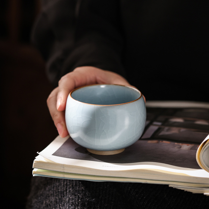 Tách trà gốm, tách chủ, tách nếm Ru kiln, men nứt họa tiết cánh ve, tách cá nhân, có thể dùng làm tách rohan, viền vàng tím.