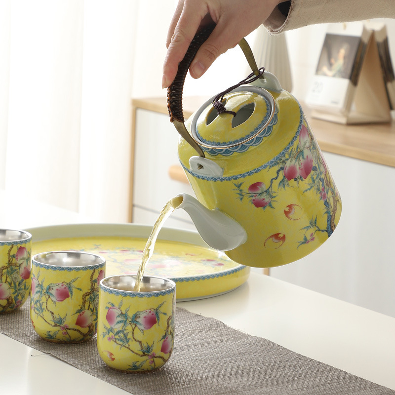 Bộ ấm trà Kung Fu gốm sứ Jingdezhen ấm trà bạc cao cấp sang trọng nhẹ gia dụng