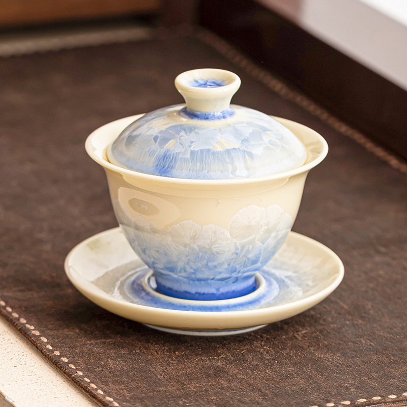 Bát tam tài tráng men pha lê xanh nước biển bát trà đơn cao cấp bộ trà gốm sứ gia dụng hộp quà tách trà Kung Fu cỡ lớn