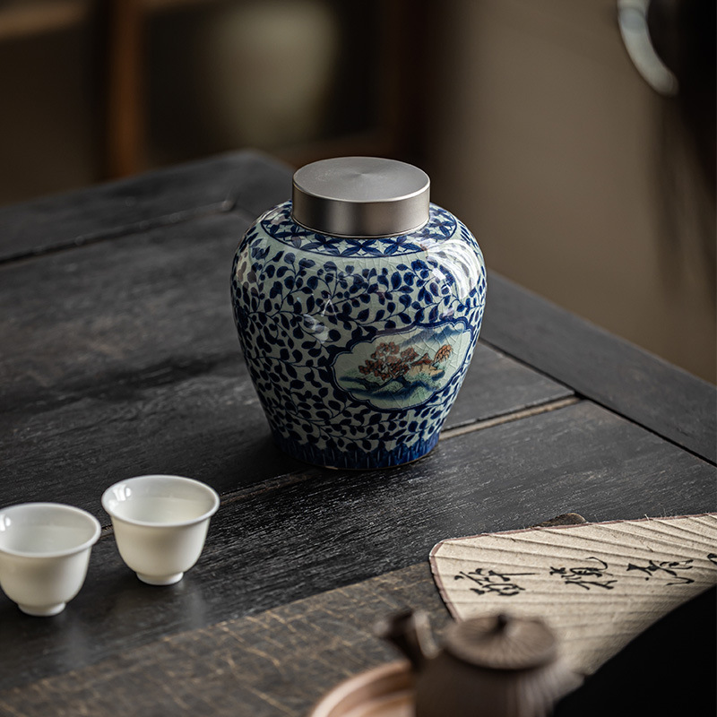 Hộp đựng trà bằng gốm sứ dùng trong gia đình HYT32659, hộp đựng trà Phổ Nhĩ, bình Ruyi dạng ống thẳng để bảo quản trà