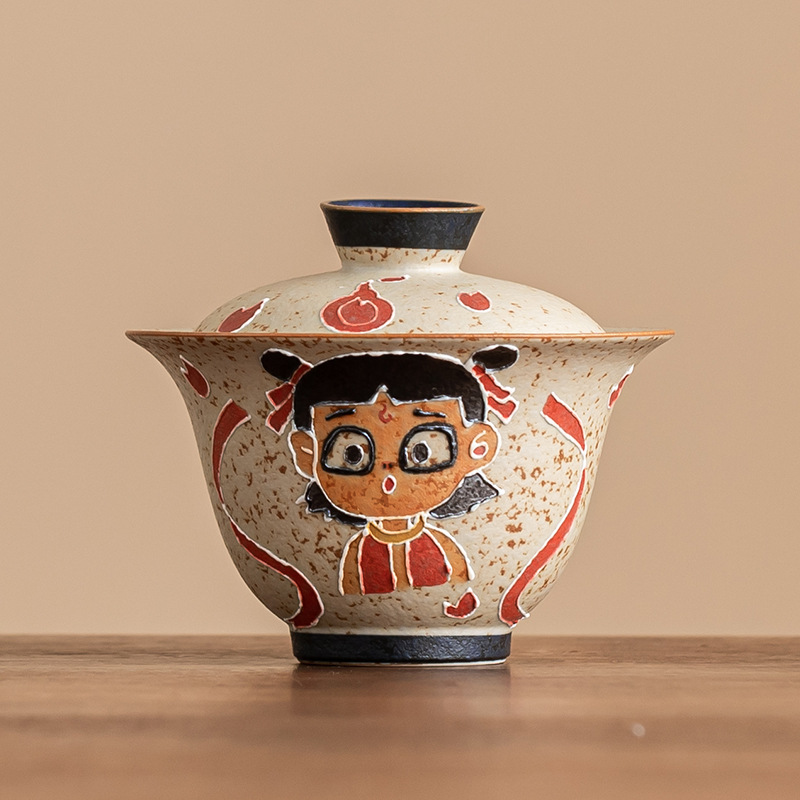 Nezha Naohai Bát có nắp Cốc trà Đá lửa trắng xanh Gốm sứ đỏ Bát trà nhị tài có nắp Bộ pha trà Kung Fu lớn đơn