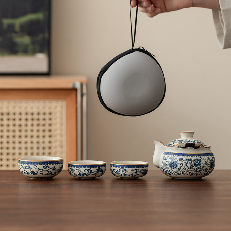 Bộ trà du lịch lò Ru màu be trắng xanh một ấm ba cốc gốm sứ cốc pha trà cốc pha trà ngoài trời bát trà có nắp