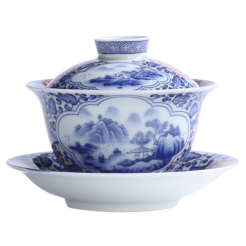 Cốc trà có nắp đậy ba tài năng Jingdezhen Bát trà đơn Bộ trà sứ trắng xanh Bộ trà sứ Kung Fu gốm sứ Bát trà