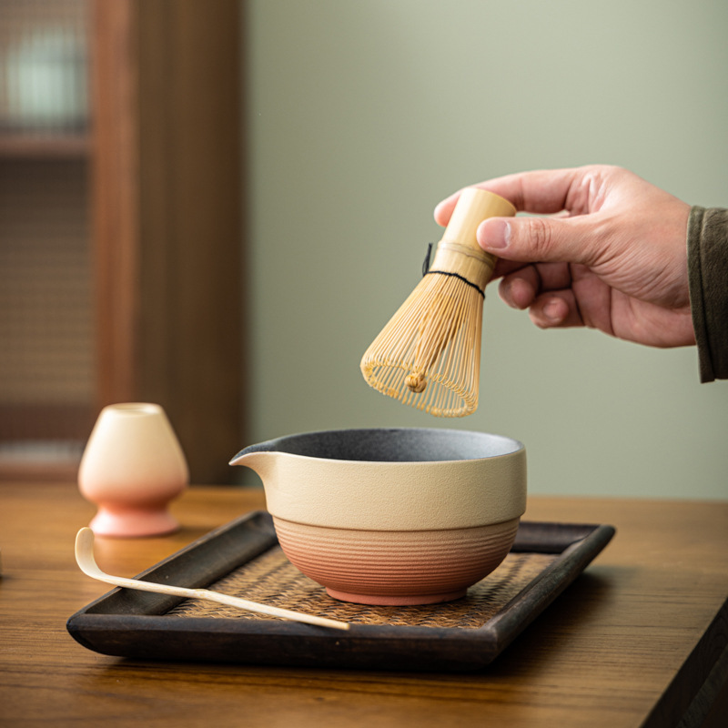 Bộ dụng cụ pha trà matcha gradient xuyên biên giới, gồm chổi đánh trà tre, chổi đánh trà Song, chén matcha gốm sứ