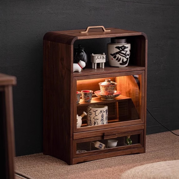Tủ đựng đồ để bàn đa năng gỗ óc chó, tủ đựng đồ chống bụi gia dụng, đồ trang trí phòng trà, giá để đồ bộ trà