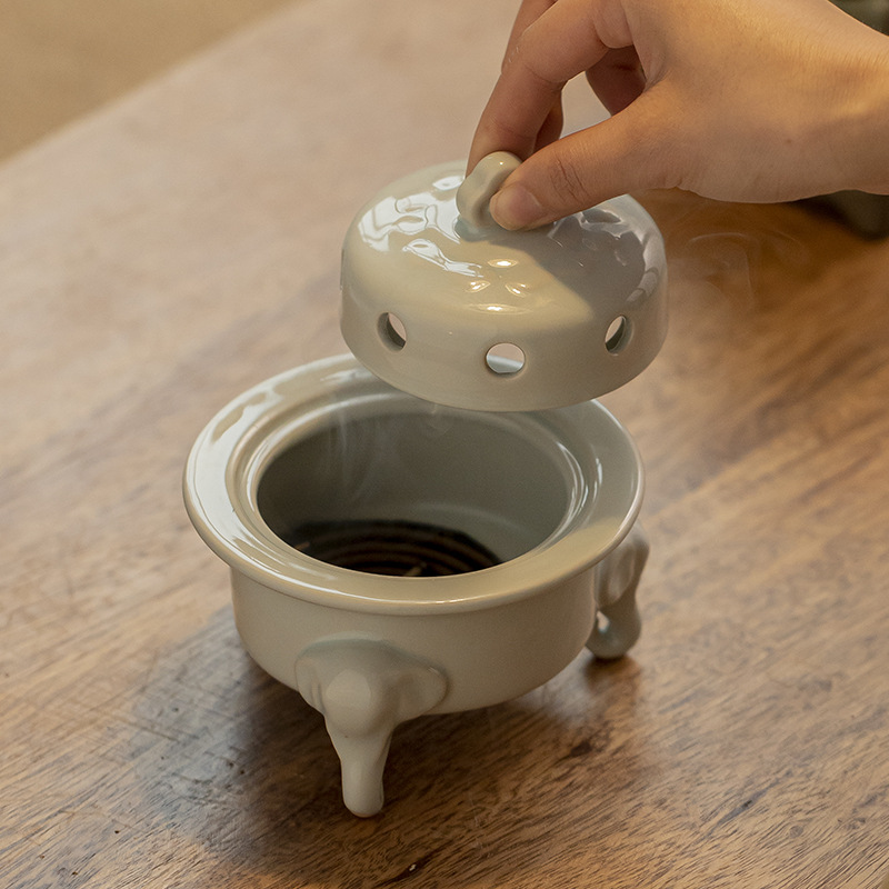 Lư hương đĩa ba chân đầu voi gốm, đồ trang trí thủ công gốm sứ sáng tạo, lư hương trong nhà gia dụng