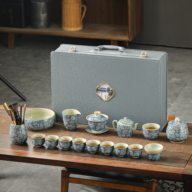 Bộ dụng cụ pha trà Kung Fu xanh trắng đất sét cũ Ấm pha trà gốm sứ phòng khách gia dụng cốc trà Hộp quà tặng cao cấp