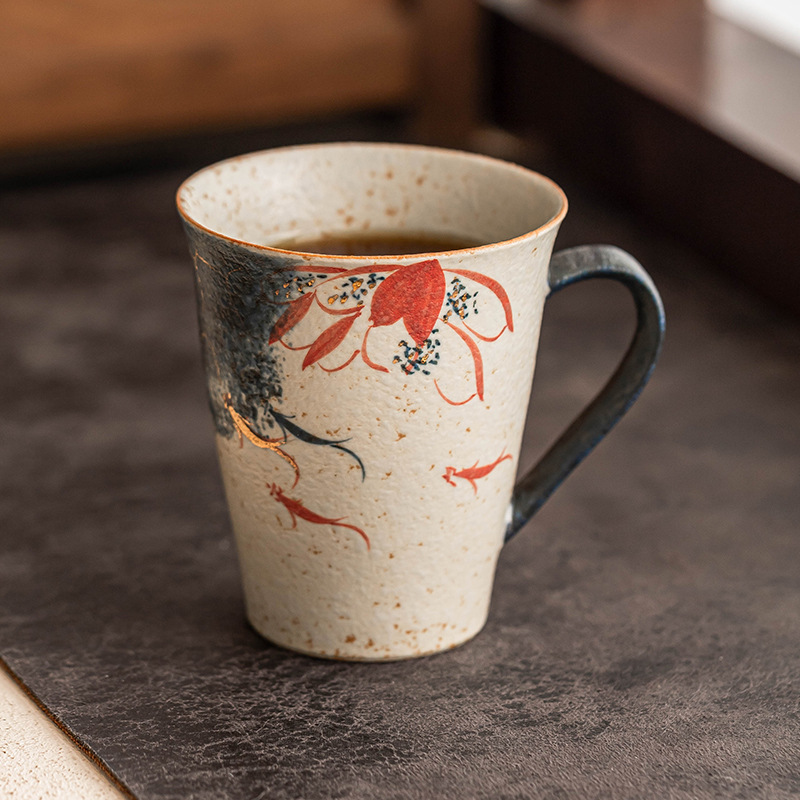 Cốc nước đỏ đá lửa trắng xanh cốc cao cấp tinh xảo sơn vàng vẽ tay hoa sen Koi cốc cà phê cốc trà cỡ lớn chống bỏng