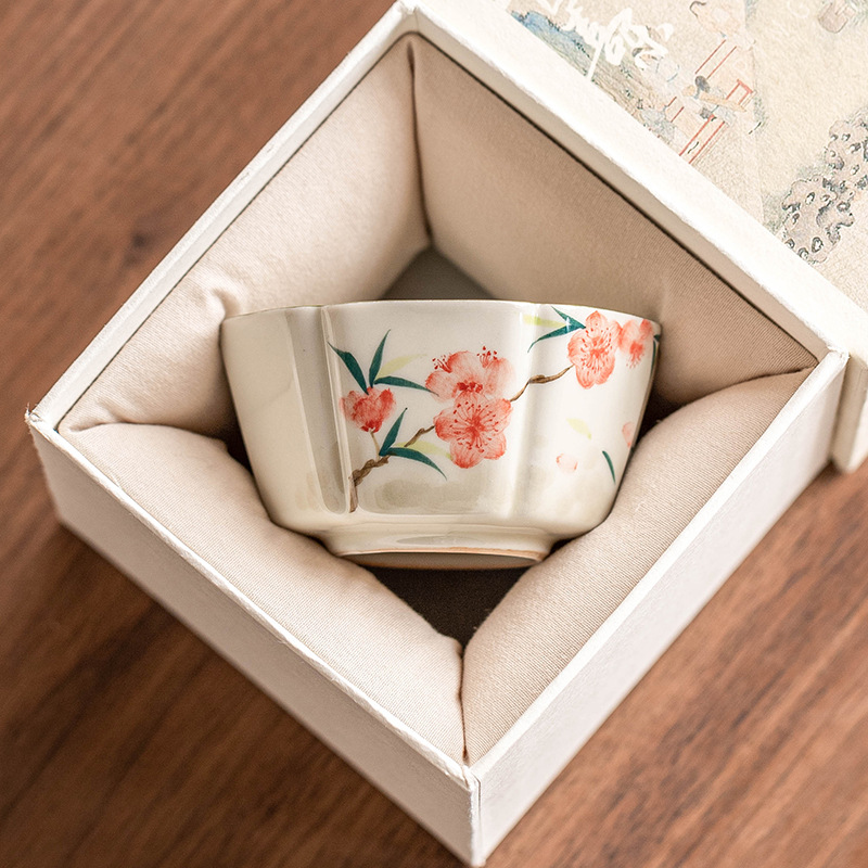 Cốc chủ nhân vẽ tay hoa đào cốc đơn gốm sứ Dehua cốc trà cá nhân cốc trà Bộ trà cao cấp đơn cốc trà nhỏ