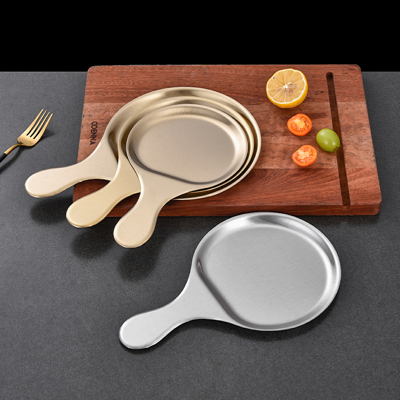 Đĩa tròn inox 304 có tay cầm đựng bít tết - khoai tây chiên - thức ăn nhanh, decor cho nhà hàng PBCP33T