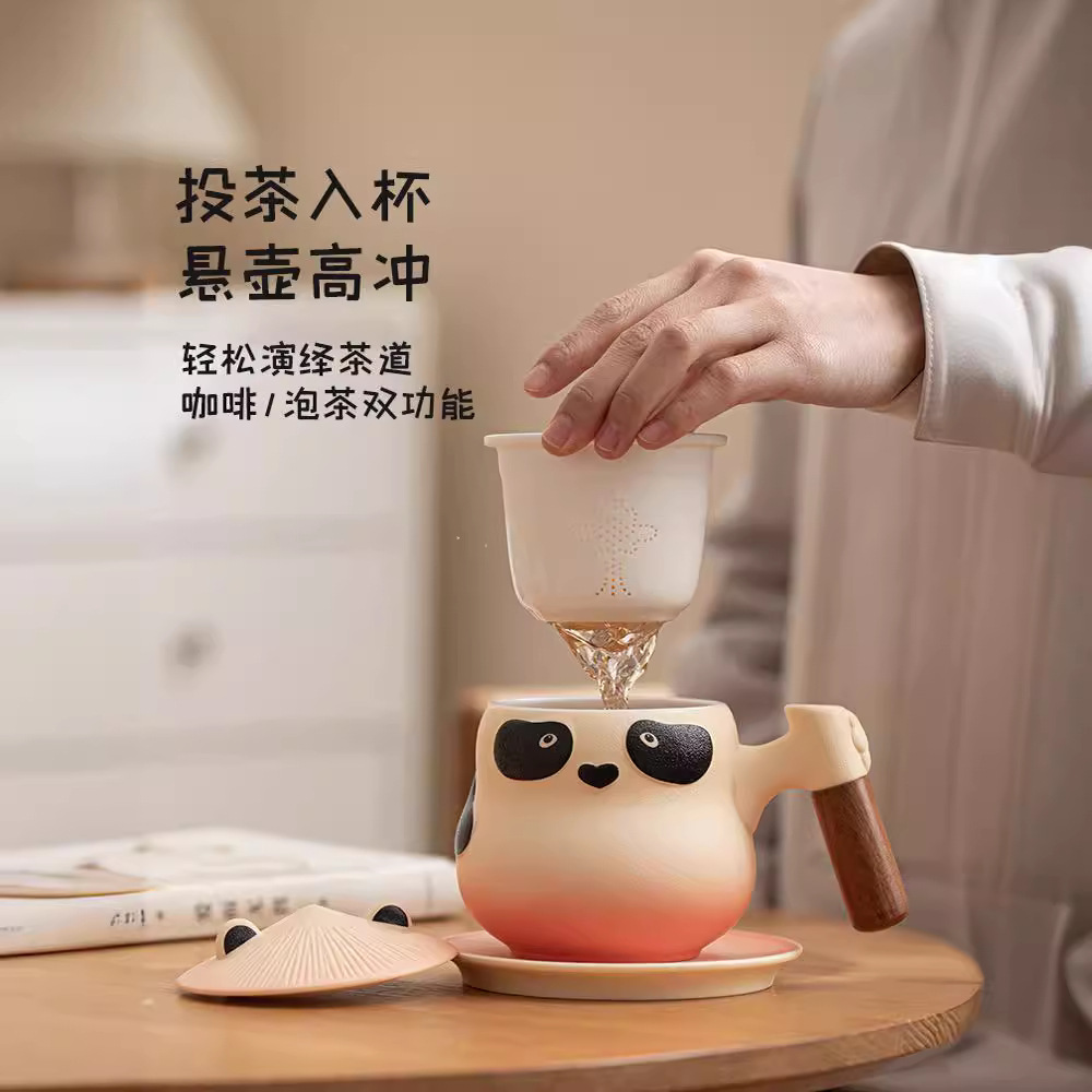 Cốc pha trà tách trà gấu trúc quà tặng sáng tạo cốc gốm sứ có nắp cốc sứ văn phòng