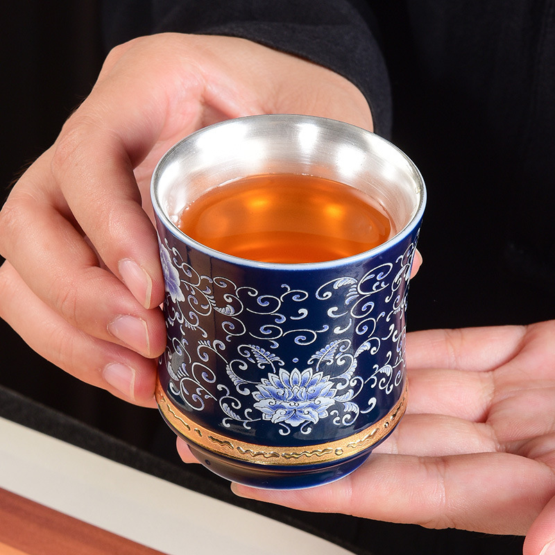 Cốc trà lót bằng bạc 999 cốc chủ nhân gốm sứ bộ trà Kung Fu cỡ lớn đơn chén trà chữ lưu niệm bán buôn