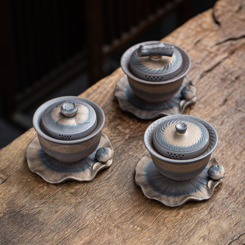 Bán buôn gốm thô cầm tay ba cái bát có nắp đậy đơn chống bỏng cổ điển Jingdezhen làm bằng tay Bát trà gốm sứ bằng gỗ có nắp