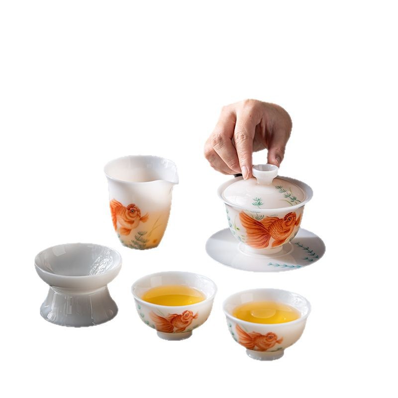 Bộ trà gaiwan ba món bằng sứ ngọc băng vẽ tay, bát trà kung fu đơn không nóng cao cấp.