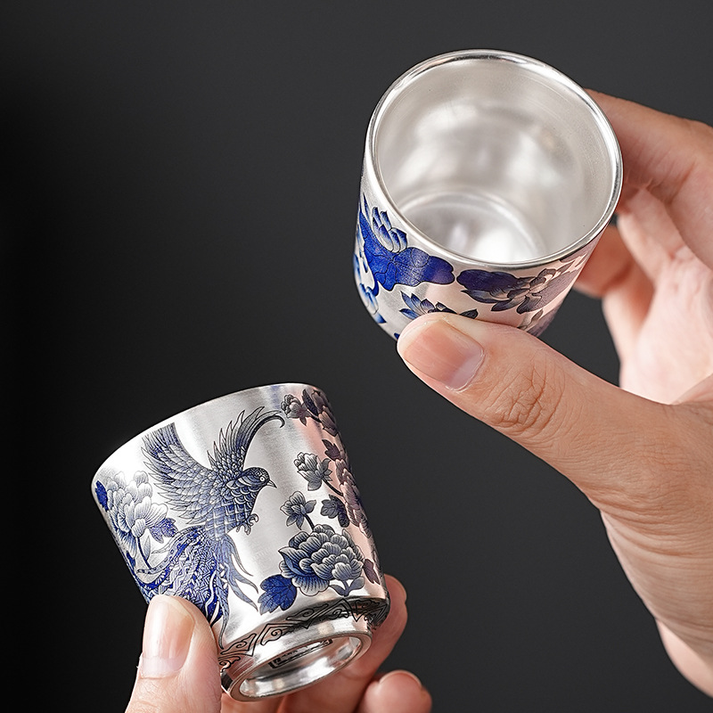 Bộ ấm chén trà Song Yu cao cấp, bộ đồ uống bạc dát vàng, chén trà, hộp quà Kung Fu Phượng Hoàng dành tặng lãnh đạo, người lớn tuổi, quà lưu niệm pha trà