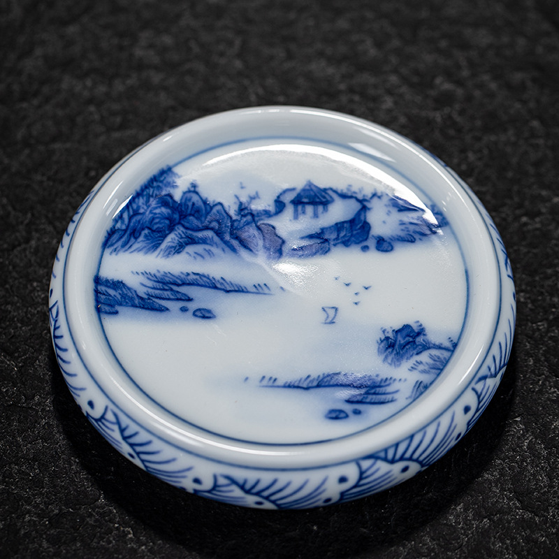 Lót cốc sứ trắng xanh cổ kính, khay đựng cốc, nắp đựng trà gốm sứ cổ điển, bình chống bỏng cách nhiệt, phụ kiện Bộ trà Kung Fu