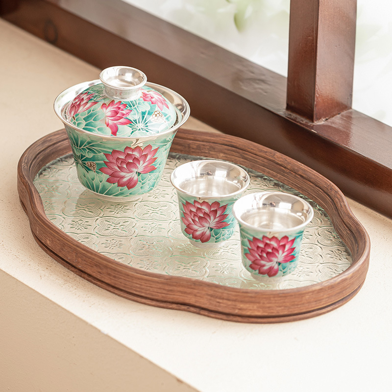 Bộ ấm chén trà Kung Fu gốm sứ cao cấp mạ vàng 999, họa tiết ao sen ánh trăng, 1 chén 2 tách, quà tặng