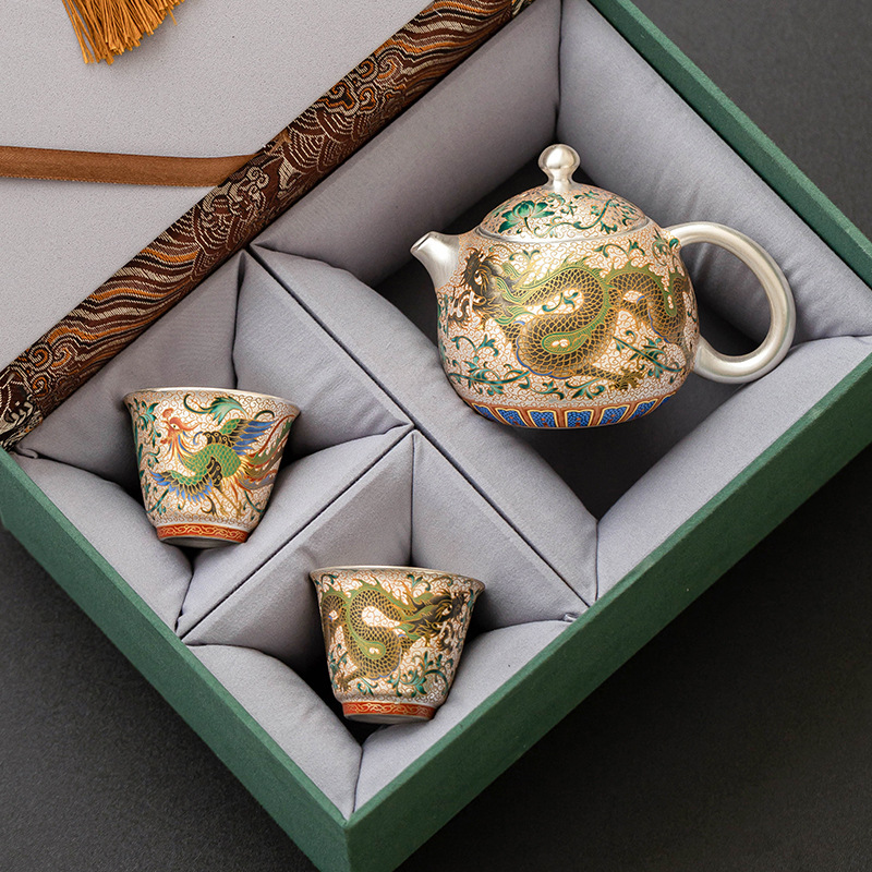 Long Phượng Tường mạ bạc nhẹ sang trọng cao cấp một bình hai cốc gốm sứ gia dụng bộ ấm trà bộ ấm trà hộp quà