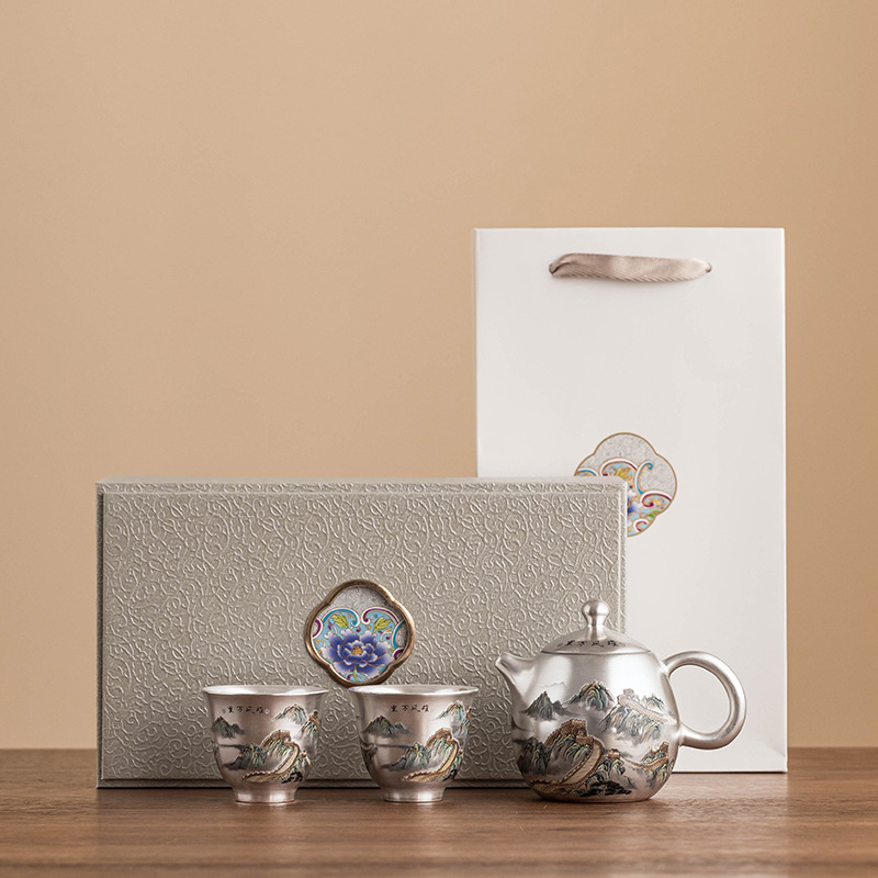 Bộ ấm trà 999 bạc mạ bạc Xiongfeng Wanli bộ ấm trà gia dụng một ấm hai cốc cao cấp sang trọng ấm trà hộp quà