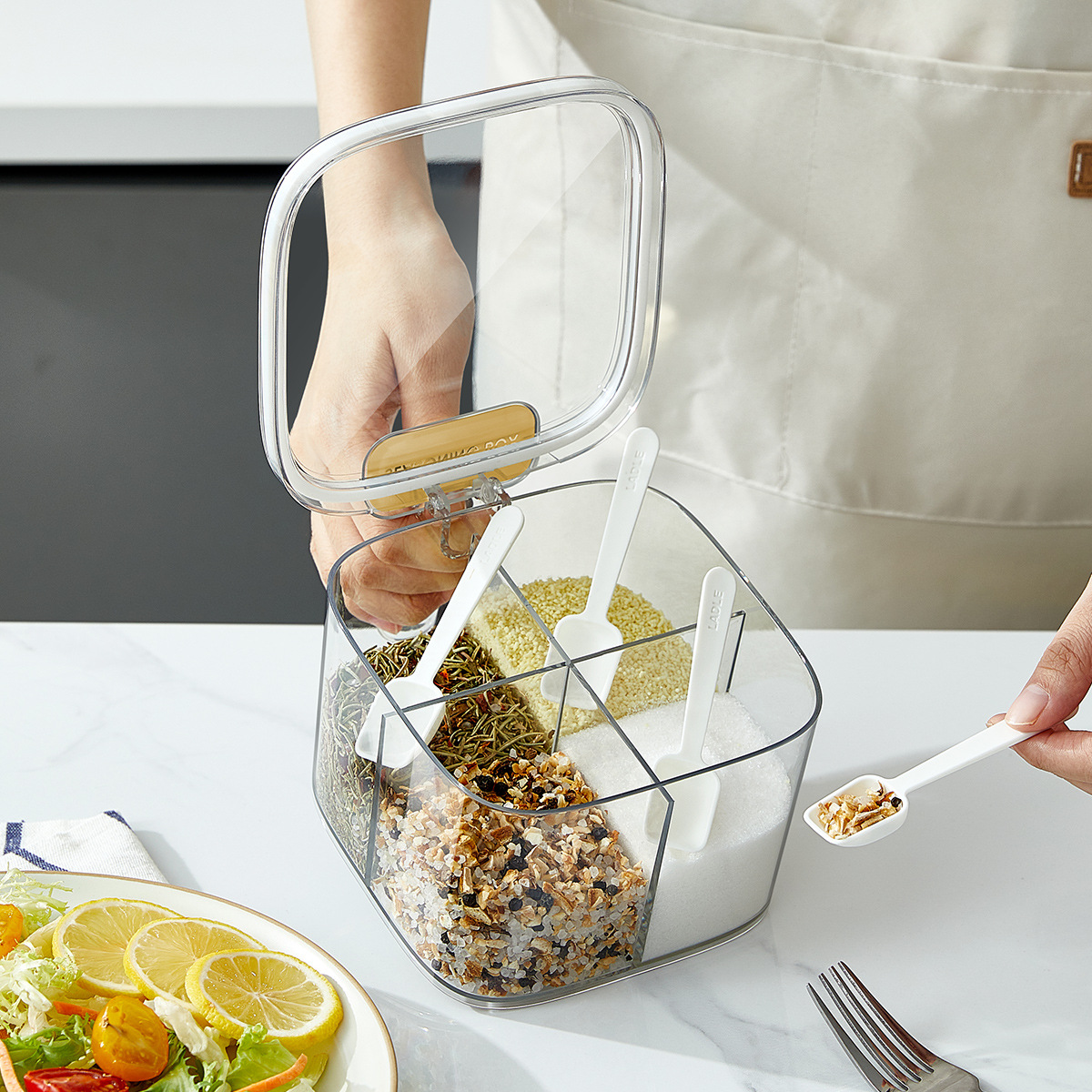 Hộp gia vị bốn ngăn Hộp gia vị đa chức năng 2023 ngăn gia vị gia đình