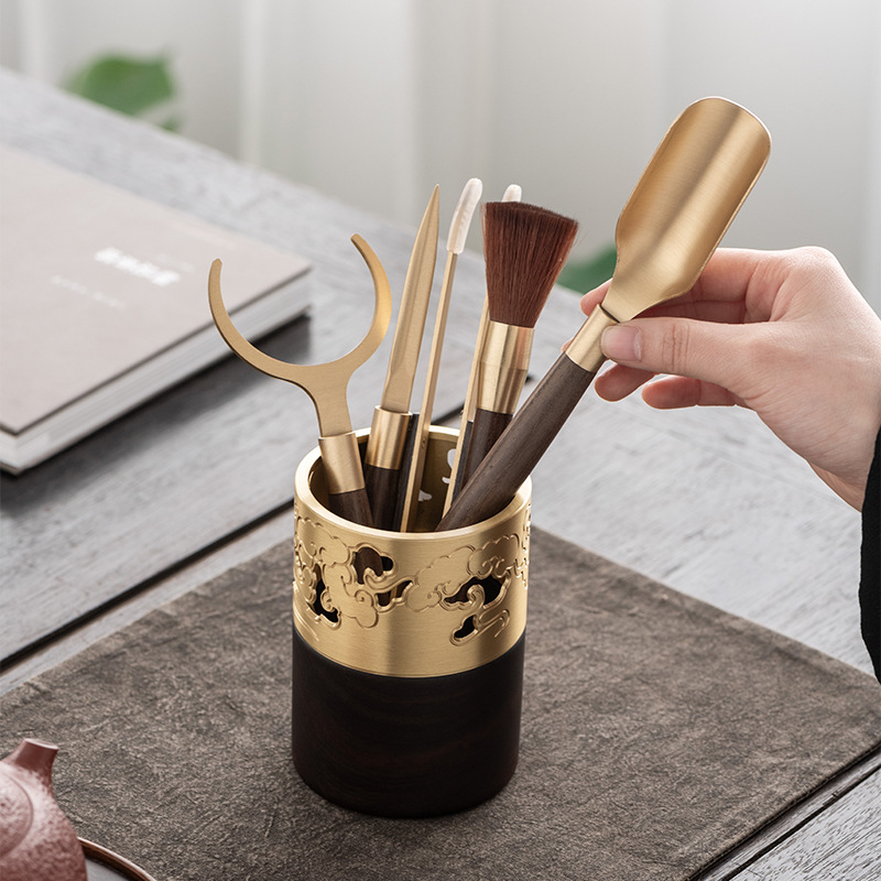 Bộ trà đạo sáu quý ông bộ trà Kung Fu phụ kiện pha trà bằng đồng thau kẹp trà dao trà kim bút ống lưu trữ bán buôn