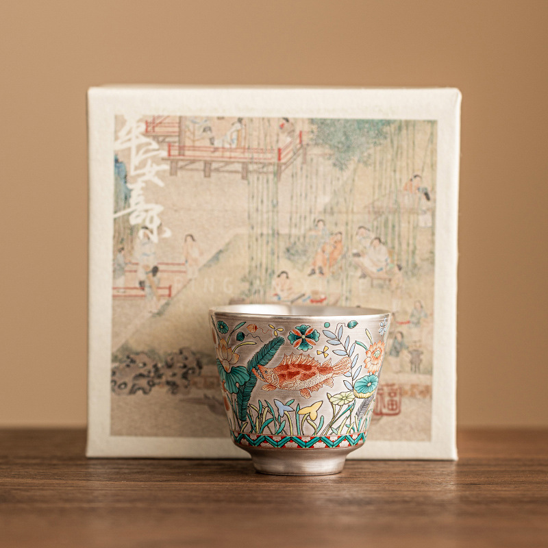 Cốc trà mạ bạc hoa văn tảo cá 999 cốc đơn cốc uống trà gia dụng Bộ trà Kung Fu Trung Quốc Hộp quà cốc cá nhân cao cấp