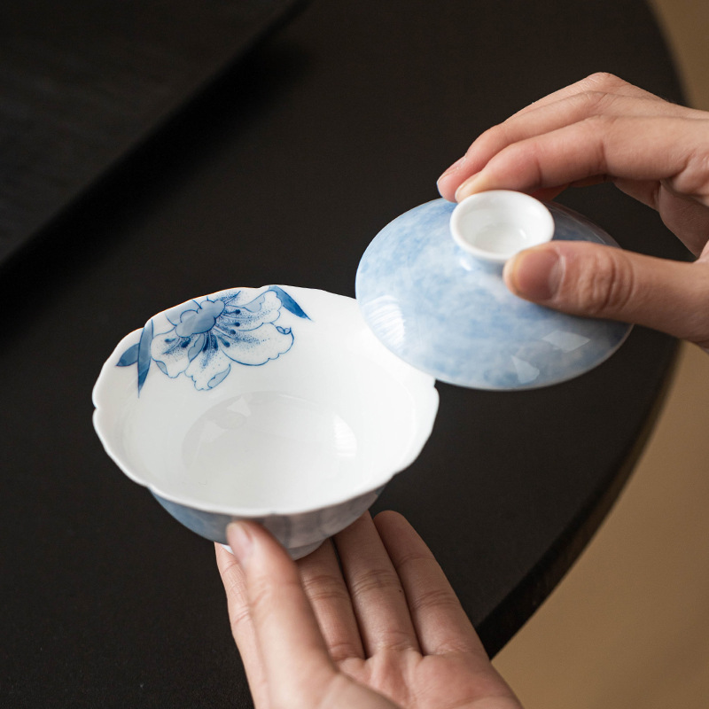 Bát trà có nắp màu xám thực vật, cốc trà vẽ tay, bát pha trà hình thoi hoa huệ xanh có nắp, bộ trà Kung Fu cổ điển kiểu Trung Quốc đơn