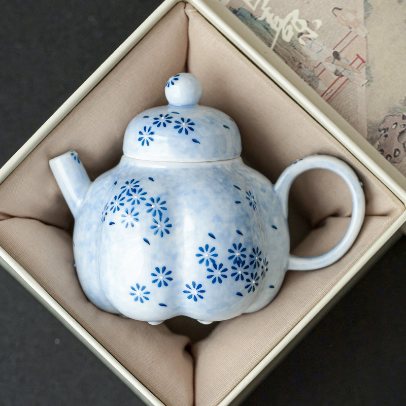 Ấm trà nhỏ tinh tế cổ điển màu xám thực vật ấm hình quả dưa hoa cúc xanh bộ trà Kung Fu gia dụng kiểu Trung Quốc bộ pha trà một ấm