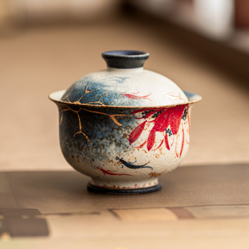 Nhà máy màu xanh và trắng đá lửa bát nắp đỏ cốc trà vàng vẽ tay hoa sen vần Koi bát trà có nắp bộ trà Kung Fu gốm sứ