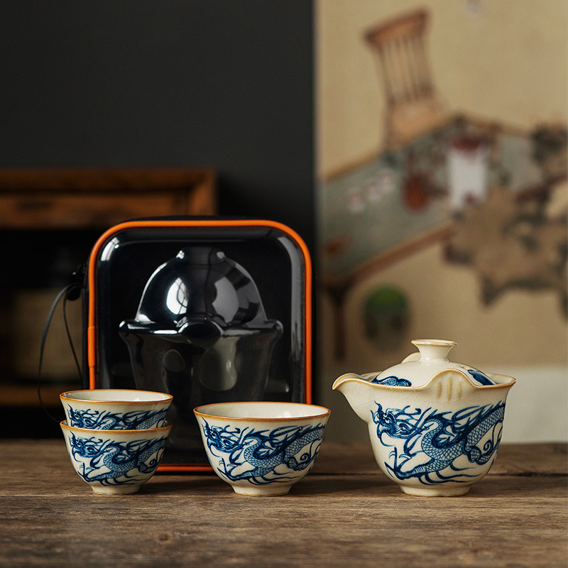 Ruyao Kuaike Cup Bộ trà du lịch Một ấm Ba cốc Bộ trà cắm trại ngoài trời Thiết bị uống trà gốm di động