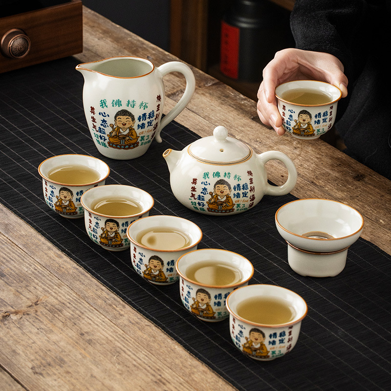 Lò gốm sứ Ru Phật tôi cầm cốc Bộ ấm trà Xi Shi Bộ ấm trà gia dụng cao cấp một ấm sáu cốc Bộ trà Kung Fu