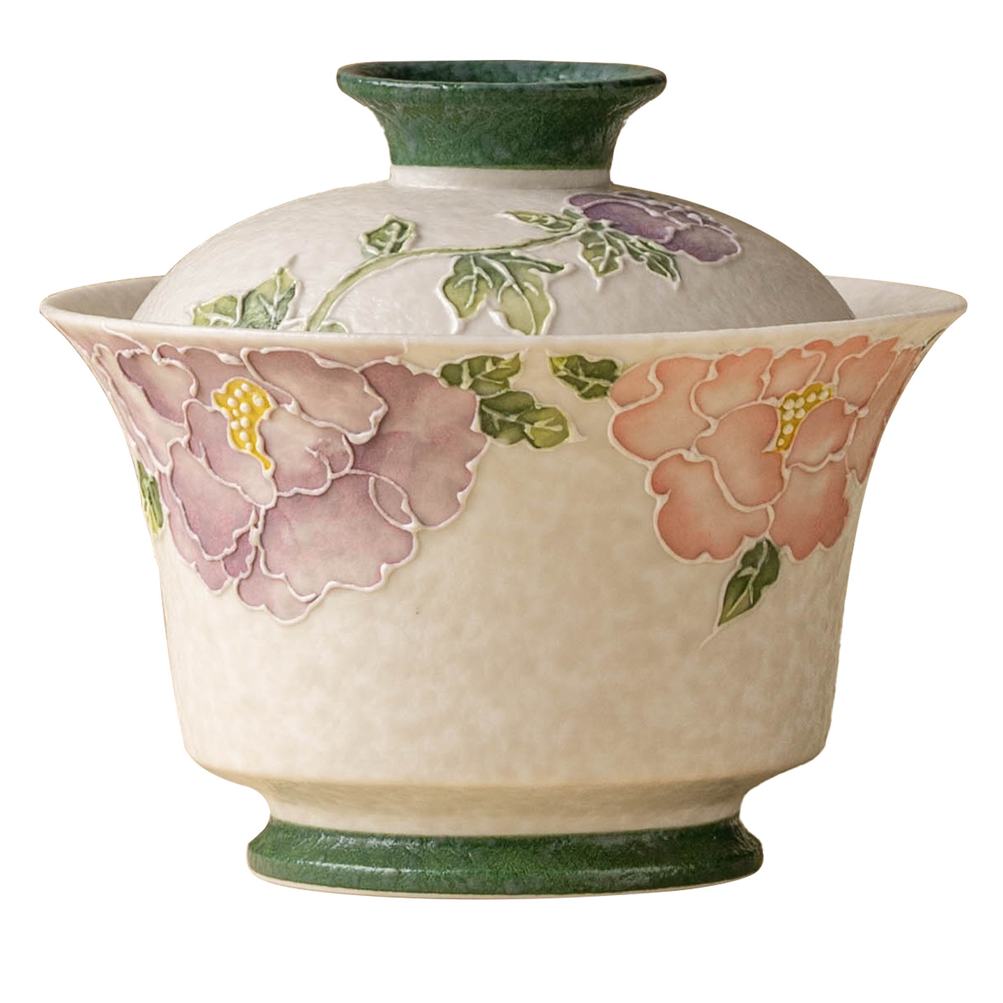 Nhà máy đá mỏ trắng hai chiếc bát có nắp đậy bằng tay đống chạm khắc hoa mẫu đơn cốc trà Kung Fu cốc trà cao cấp cốc trà gốm sứ