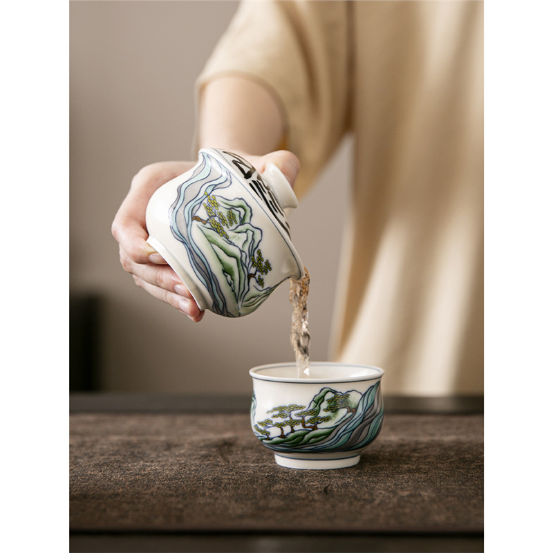 Chén trà gốm sứ lơ lửng nắp nhị tài dụng cụ pha trà đơn cao cấp cổ điển phong cách Trung Quốc bát trà chống bỏng Bộ trà Kung Fu