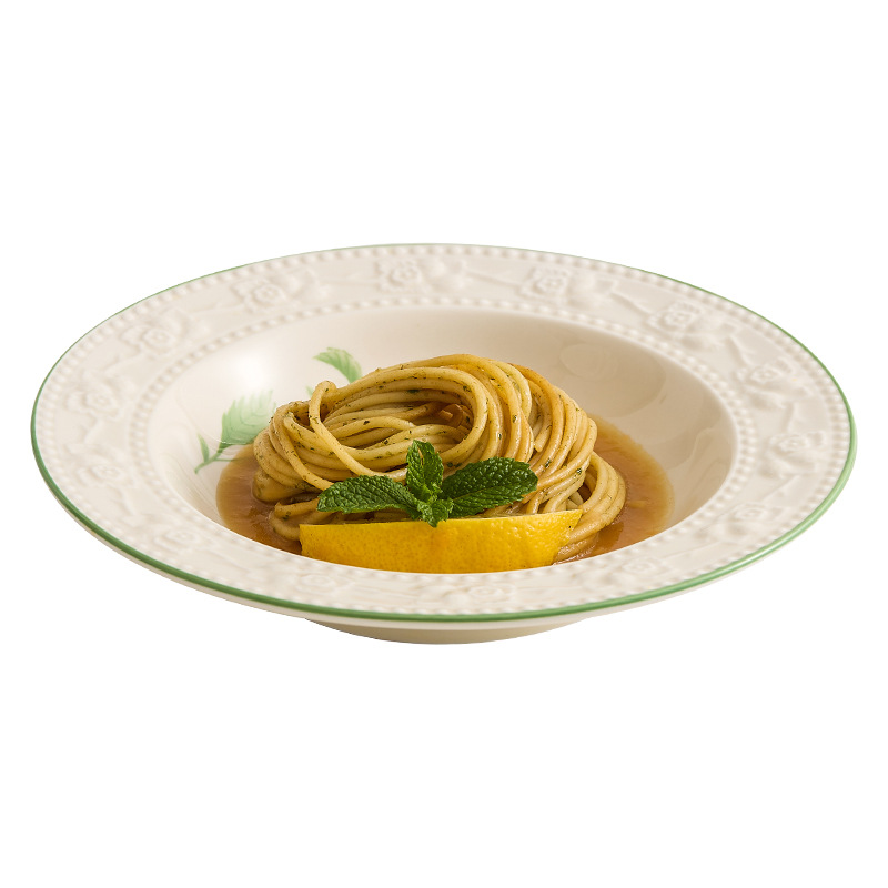 Đĩa sâu gốm sứ dâu dập nổi Đĩa mì Ý Đĩa cảm giác cao cấp Đĩa gia dụng Đĩa ăn sáng hình tròn Đĩa salad trái cây