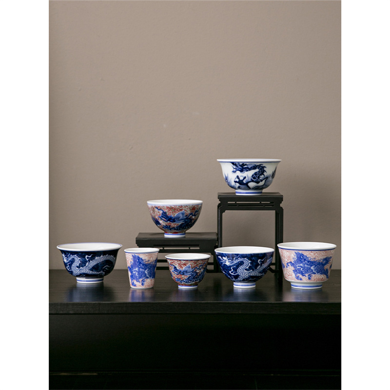 Cốc trà gốm sứ tráng men rồng xanh trắng cổ điển cốc trà Kung Fu chuyên dụng gia dụng cốc trà Kung Fu