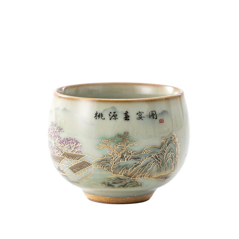 Lò nung Sapphire Ru Đào Viên Lễ hội mùa xuân Hình ảnh Cốc trà vuông Chủ nhân Chén trà Li Huiyi Cốc trà sứ Ru cổ điển Long Dan