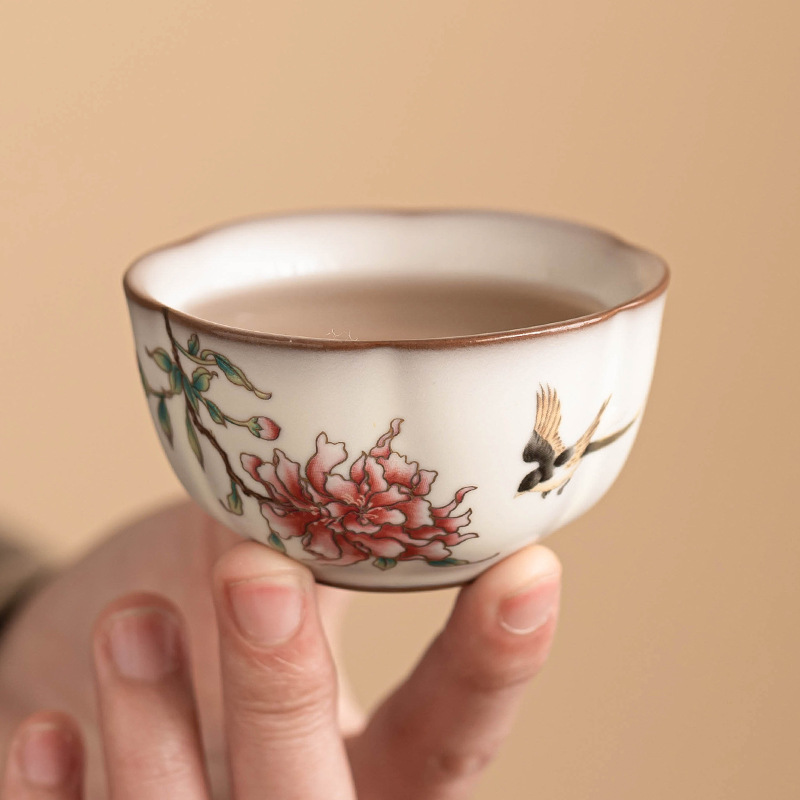 Cốc trà Kung Fu Ruyao, cốc chủ, cốc đơn, cốc trà có thể mở, thạch mỡ lợn, hoa mẫu đơn, cốc miệng hoa nhỏ, cốc trà