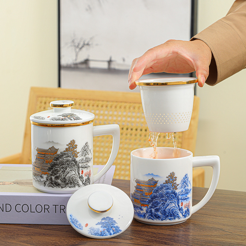 Bộ ấm chén văn phòng cao cấp mạ vàng, chất liệu sứ ngọc, tích hợp nhiều tính năng hiện đại, kèm hộp quà tặng, bán sỉ.