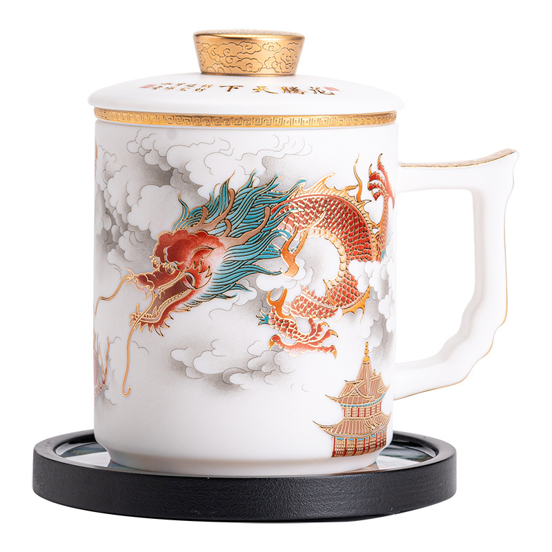 Cốc văn phòng bằng sứ trắng ngọc bích có tay cầm cốc pha trà tách trà rồng phượng 2024 cốc nước cao cấp quà tặng năm rồng