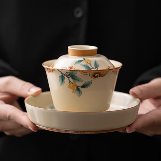 Cốc trà cốc trà có nắp đậy ba tài ở lò Ru màu be, bộ trà Kung Fu gốm sứ cao cấp có thể nuôi nổi, bát pha trà chống bỏng